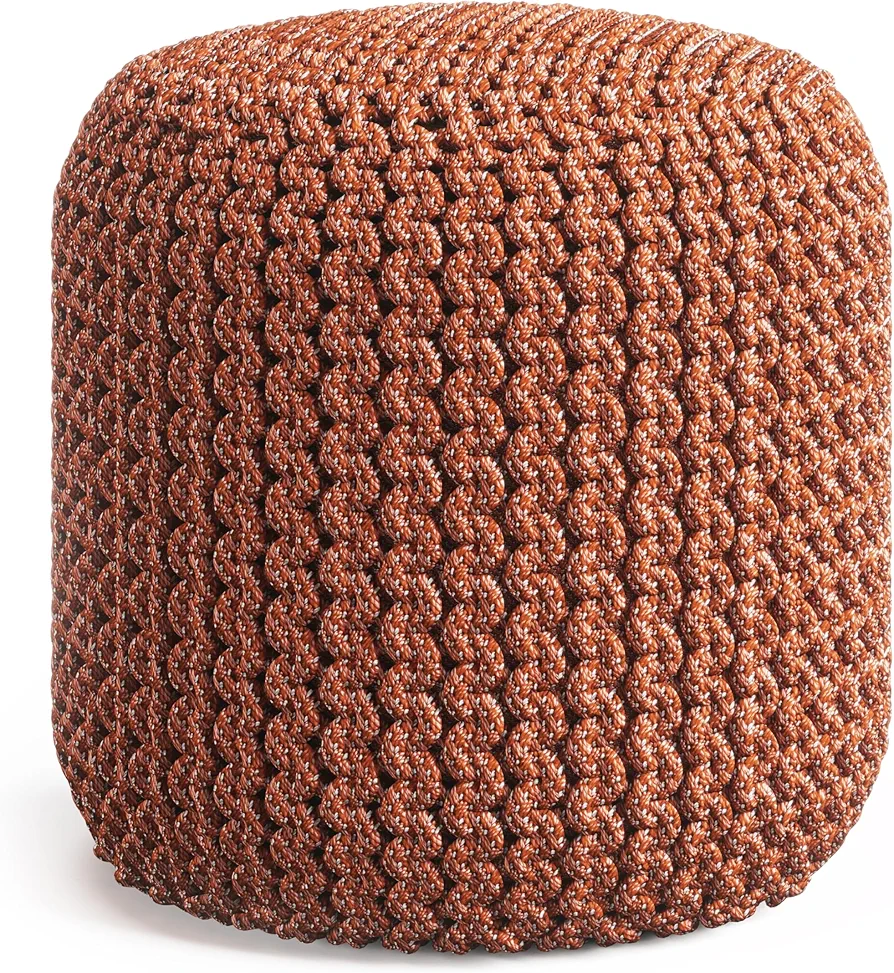 SIMPLIHOME Wynne 18 Inch Boho Round Knitted Outdoor/ Indoor Pouf in Orange Recycled PET Polyester, For the Living Room, Bedroom and Kids Room