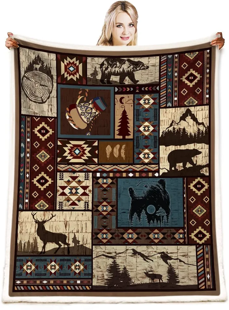 Aztec Blanket Fall Rustic Southwestern American Native Blanket,Navajo Blanket,Mexican Blanket, Indian Blanket,Bear and Deer Blanket, Farmhouse Decor for Couch Bed Livingroom