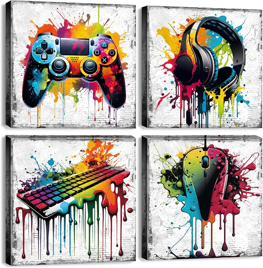 YOOOAHU Game Wall Decor Gaming Art Graffiti Gamepad Headphones Canvas Pictures Gamer Room for Boys Street Pop Bedroom Dorm Playroom Cave Teen Men Cool Video Painting Modern Artwork 12x12'' 4 Pcs