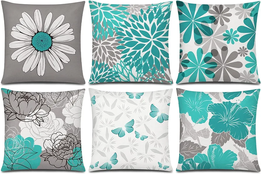 Teal Grey Pillow Covers 16x16 Set of 6 Decorative Daisy Flower Throw Pillow Cover for Couch Modern Turquoise Pillow Case for Patio Living Room Cushion Bed Outdoor Farmhouse Home Decor