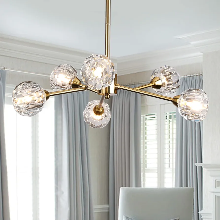 Sputnik Chandeliers Mid Century Crystal Pendant Light Chandelier 6 Lights Contemporary Brass Branches Chandeliers Ceiling Light Fixtures for Dining Room Bedroom Living Room