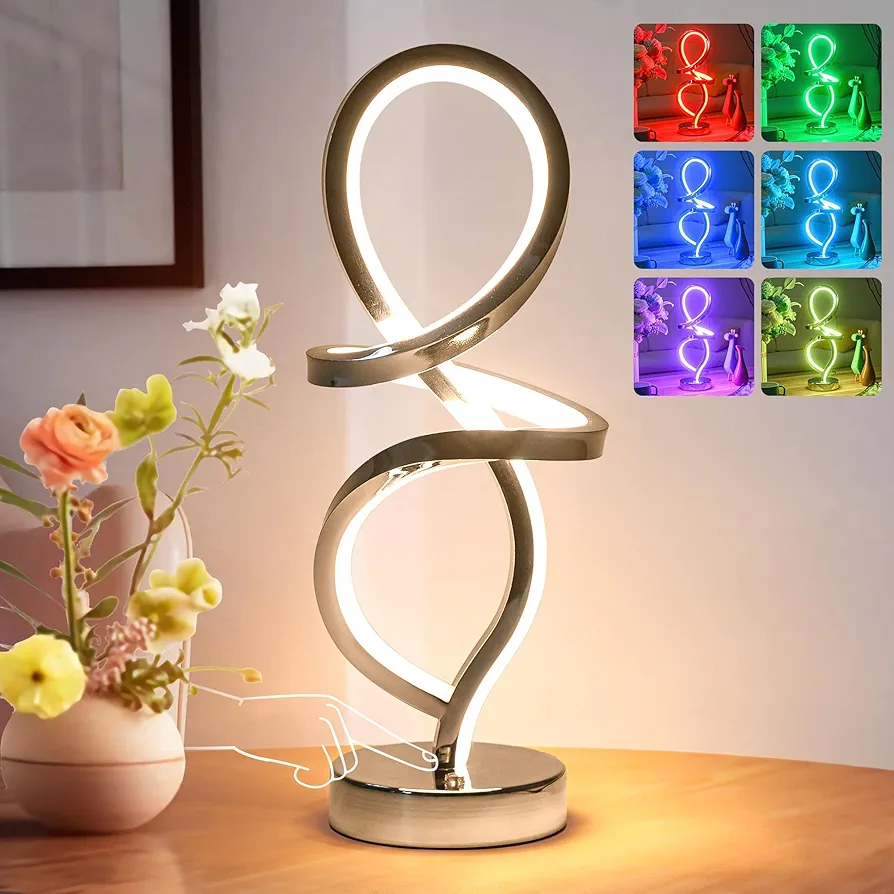 Modern Table Lamp, RGB Table Lamp，LED Spiral Lamp, Silver Bedside Lamp with 7 Colors 10 Light Modes, Touch Dimmable Nightstand Lamp for Bedroom Living Room Home Office, 15W