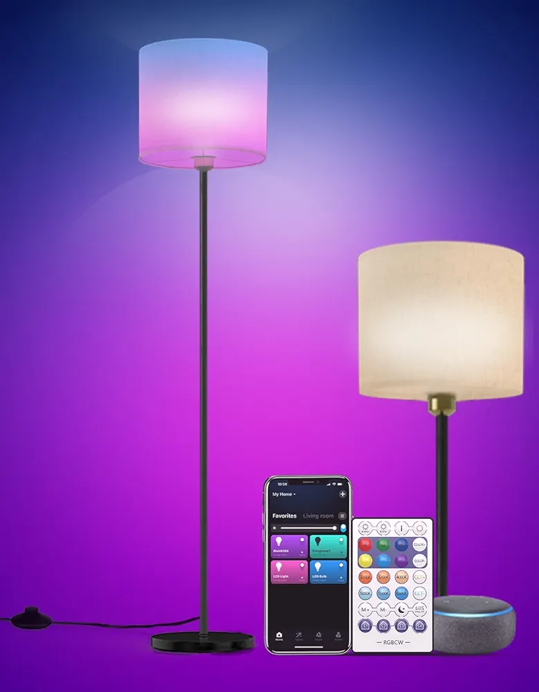 Floor lamp for living Room Compatible with Alexa & Google, White Linen Lamp Shade LED Bright Tall Standing Smart Floor Lamp with Remote for Bedroom Office, Modern Color Changing Dimmable WiFi Light.