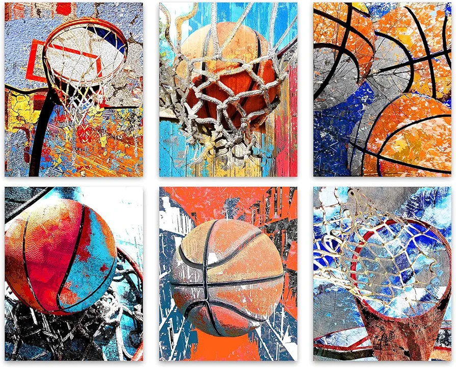 TOCDGOO Graffiti Basketball Wall Art - Street Pop Basketball Canvas Posters - Inspirational Basketball Sports Art Prints for Boy's Room Teenager Room Man Cave Decor - Set of 6 (8"x10" Unframed)