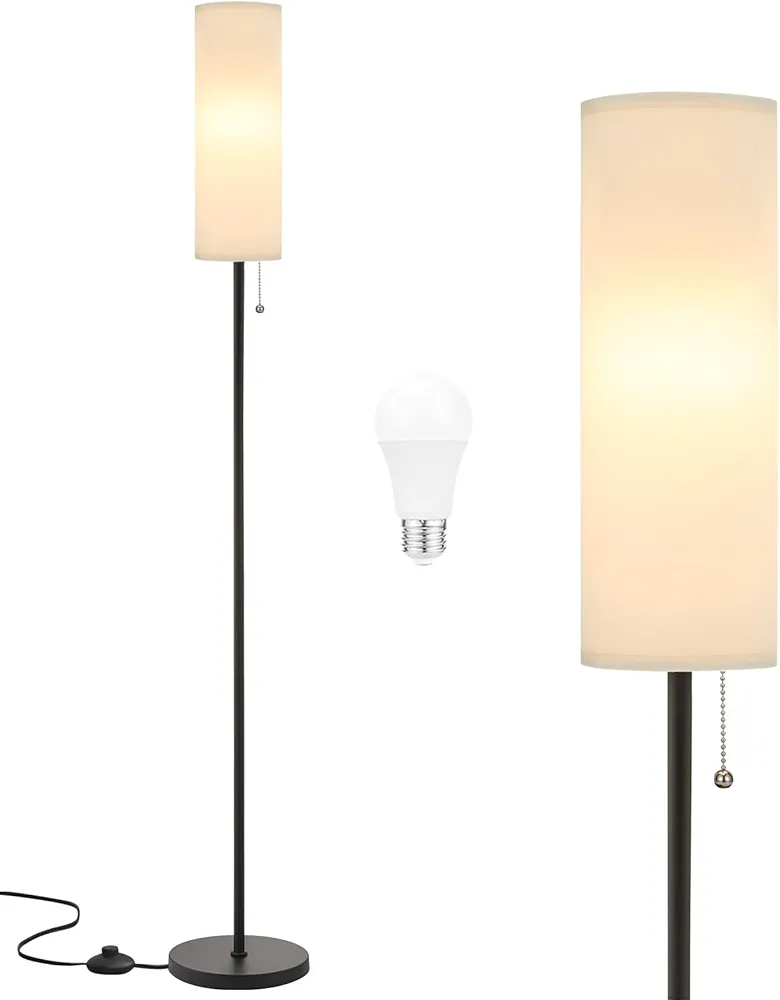 Ambimall Floor Lamp for Living Room with 3 Color Temperatures Bulb, 64" Standing lamp with Linen lampshade for Bedroom, Minimalist Pole Lamp, White Shade & Black Pole