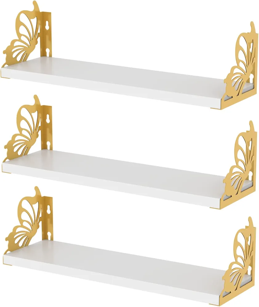 Hoikwo 3 Pack Butterfly Wall Shelves, White Gold Floating Book Shelves, for Mother, Mom, Women, Girls, for Preppy Room Decor, Living Room, Bedroom Decor Aesthetic, Perfume Shelf