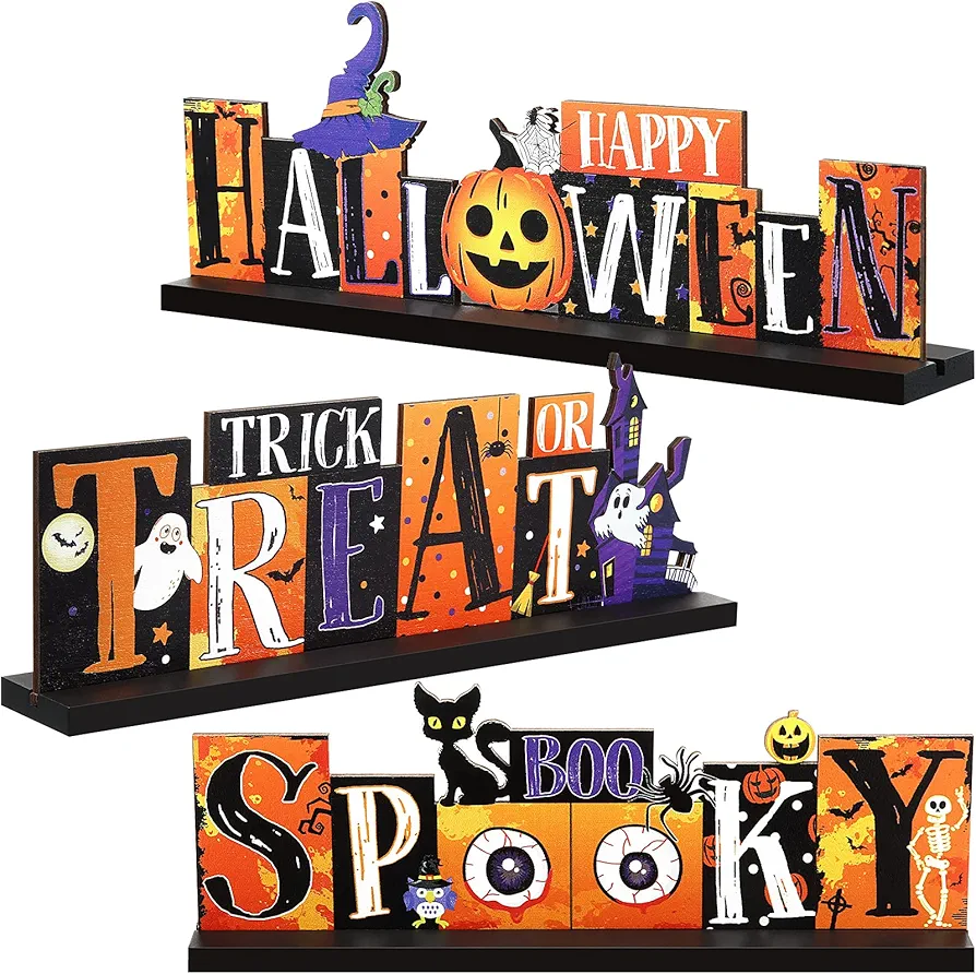 3 Pieces Halloween Table Decorations Pumpkin Table Centerpiece Boo Spooky Wood Sign Trick or Treat Witch Hat Table Decor for Halloween Table Party Living Room Kitchen Office Bar Decorations