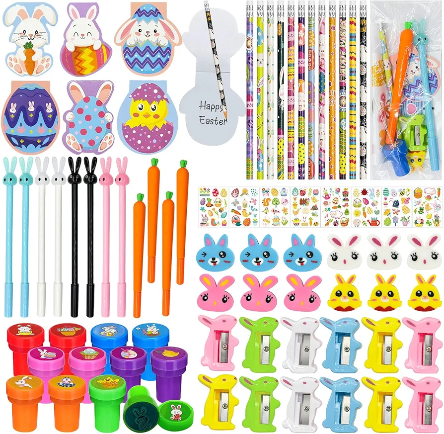 134 Pcs Easter Party Favors School Supplies for Boys Girls,Easter Stationery Set,Spring Easter Treat Bags Goodies Fillers Game Prizes,Easter Pencils Erasers Stickers Stamps Classrooms Gifts (Easter)