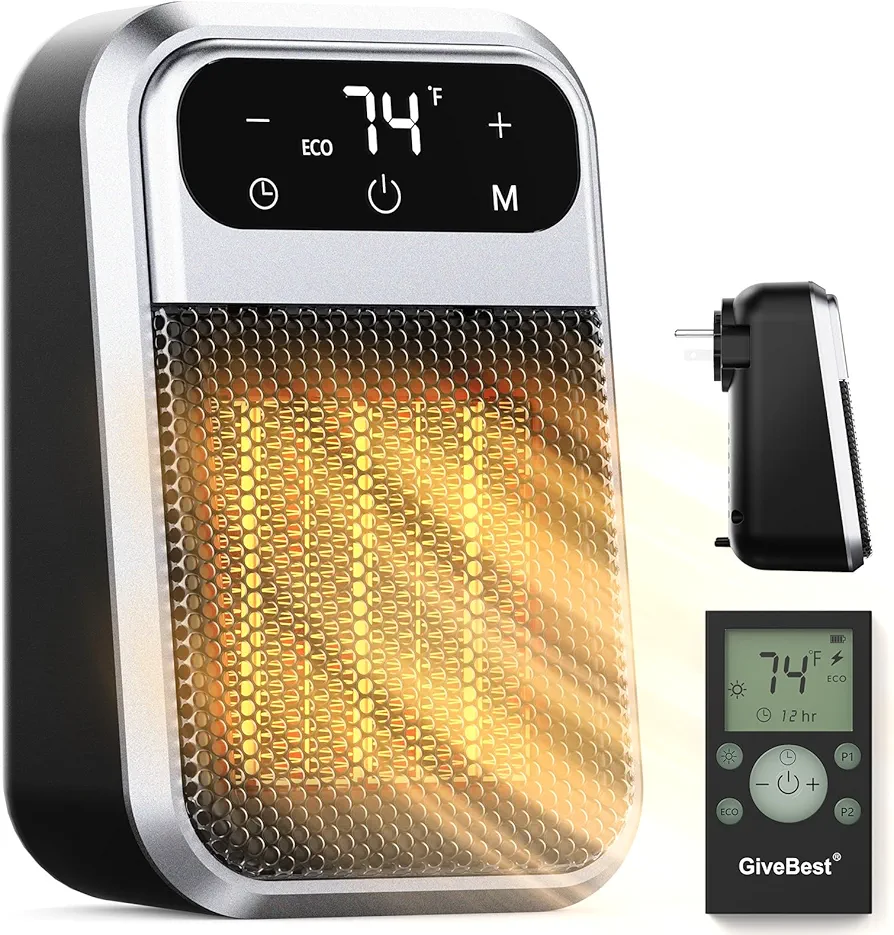 GiveBest 800W Wall Outlet Space Heater with Remote,LED Display Small Plug in Electric Heater with Adjustable Thermostat and Timer for rv and Home Office Bathroom Indoor Use,ETL Listed