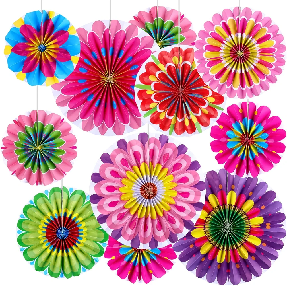 18 Pieces Summer Spring Flowers Hanging Paper Fans Rosettes Party Decorations Colorful Paper Fan Decorations for Flower Themed Party Classroom Holidays Birthday(Classic Styles)