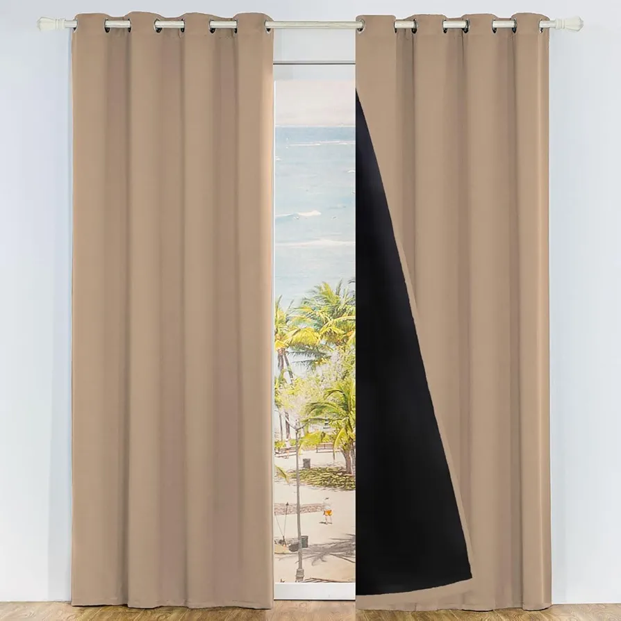 LA PALMA 100% Blackout Curtains - Thermal Insulated, Double Layered Grommet Drapes with Black Liner for Bedroom and Living Room Darkening - Energy Efficient Window Treatment 2 Panels in 1 set