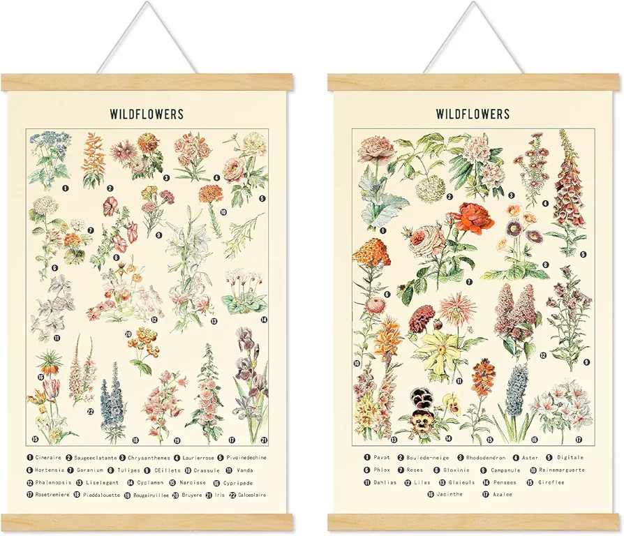 Chenkaiyang 2 Pcs Vintage Poster Hanging,Flowers Wall Hanging Botanical Rustic Retro Colorful Wall Art Prints Flower Chart Posterfor Living Room Bedroom Office Play Room Decor,12.7 X 21.6 Inch