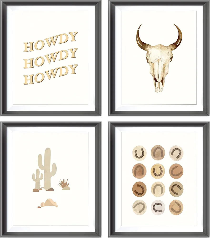 Retro Western Howdy Cowboy Saddle Bull Skull Cactus Desert Boho Preppy Beige Poster Prints for Girls Boys Room Dorm Decor,Trendy Retro Western Decorations Prints Wall Art Unframed 4pcs 8x10inches