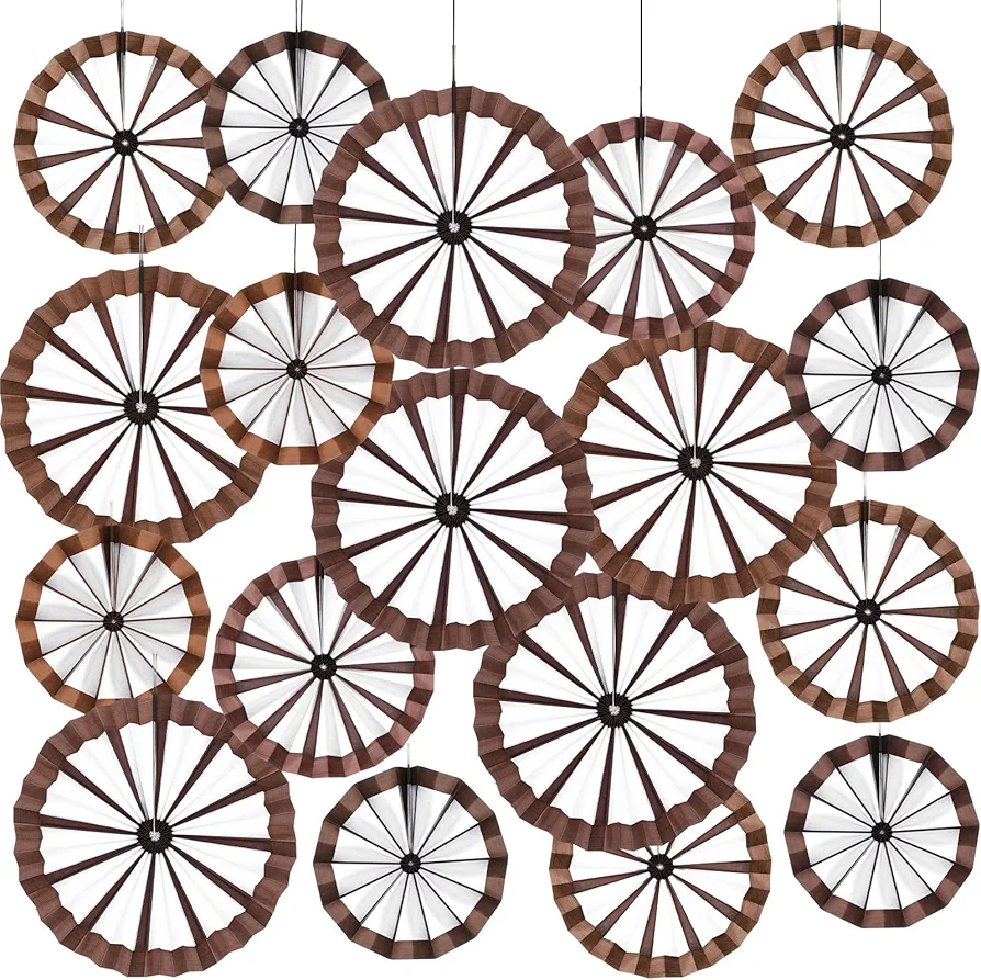 Outus 9 Pcs Wagon Wheel Decorations Paper Fans Country Western Party Decorations Wooden Wagon Wheels Hanging Paper Fans Ceiling Wall Decor for Wild West Western Cowboy Themed Classroom Party