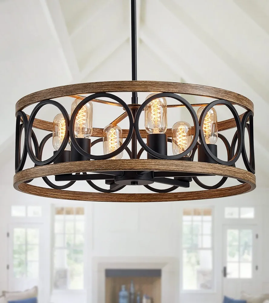 Modern Farmhouse Drum Chandelier Black and Retro Wood Finish 6-Lights Round Metal Antique Vintage Chandelier Light Fixtures for Kitchen Dining Room Living Room Bedroom