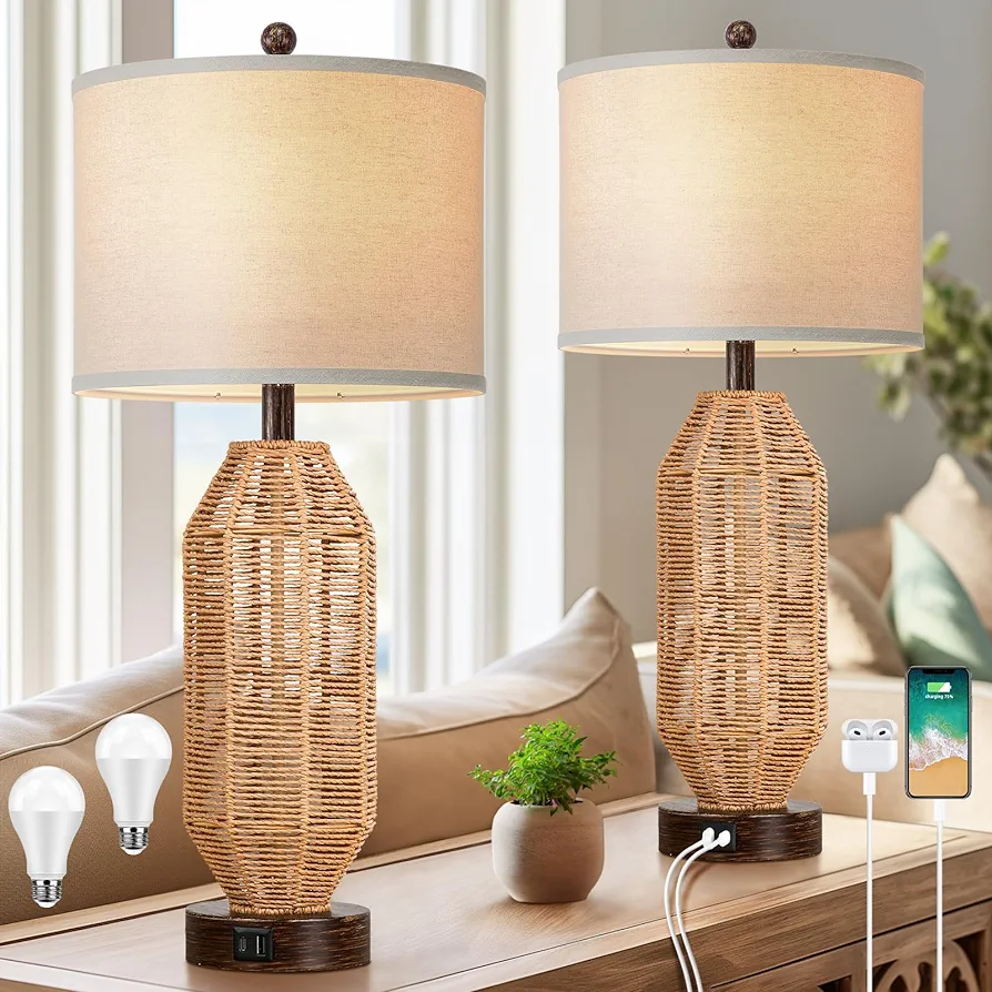 27.5” Tall Rattan Table lamps Set of 2, Wicker Lamps with USB C+A Ports, Farmhouse Boho Bedside Lamps with Linen Lampshade, Rotary Switch Nightstand Lamps for Bedroom Living Room A19 LED Bulb Included