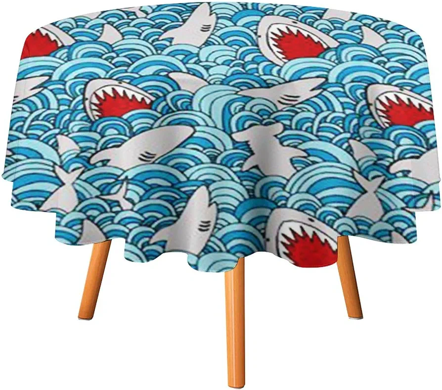 Lovely Cartoon Shark Round Tablecloth Washable Table Cloth Polyester Table Cover for Dining Room Party Picnic 60x60in