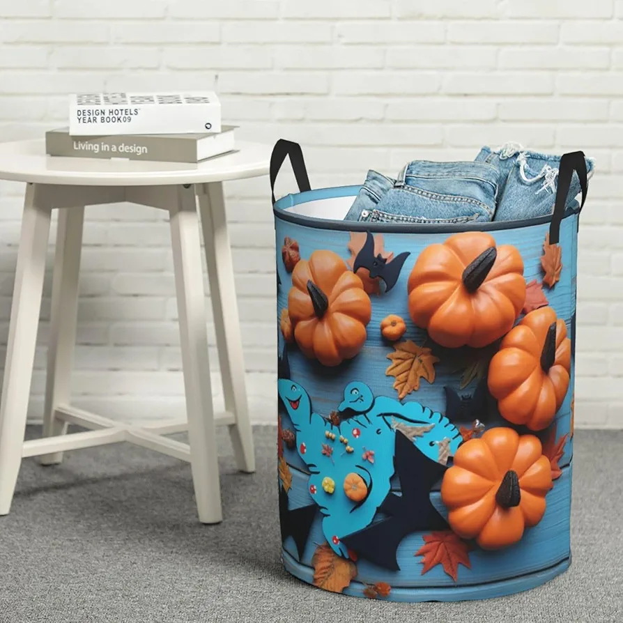 Laundry Basket Waterproof Laundry Hamper With Handles Dirty Clothes Organizer Blue Wooden With Pumpkin And Bats Print Protable Foldable Storage Bin Bag For Living Room Bedroom Playroom