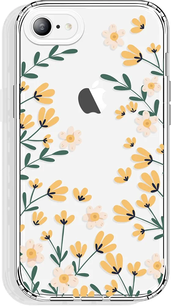 for iPhone SE Case (2022/2020/3rd/2nd), iPhone 8/7 Case 4.7 Inch Clear with Floral Design, Cute Protective TPU Bumper + Shockproof Non Yellowing Cover for Women and Girls (Flowers/Yellow)