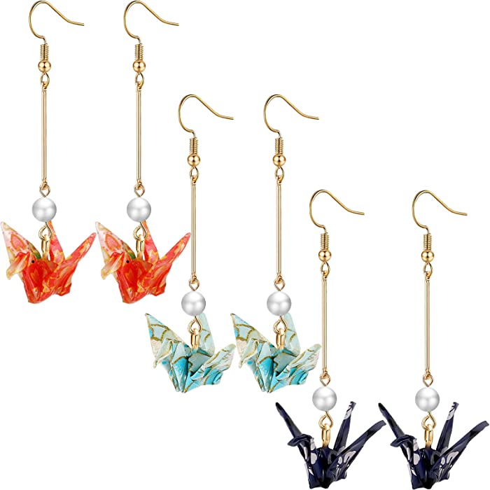 3 Pairs Good Luck Paper Crane Dangle Earrings Paper Crane Tassel Earrings Cute Bird Handmade Drop Earrings Origami Earrings for Women Girls Wedding Party Accessories