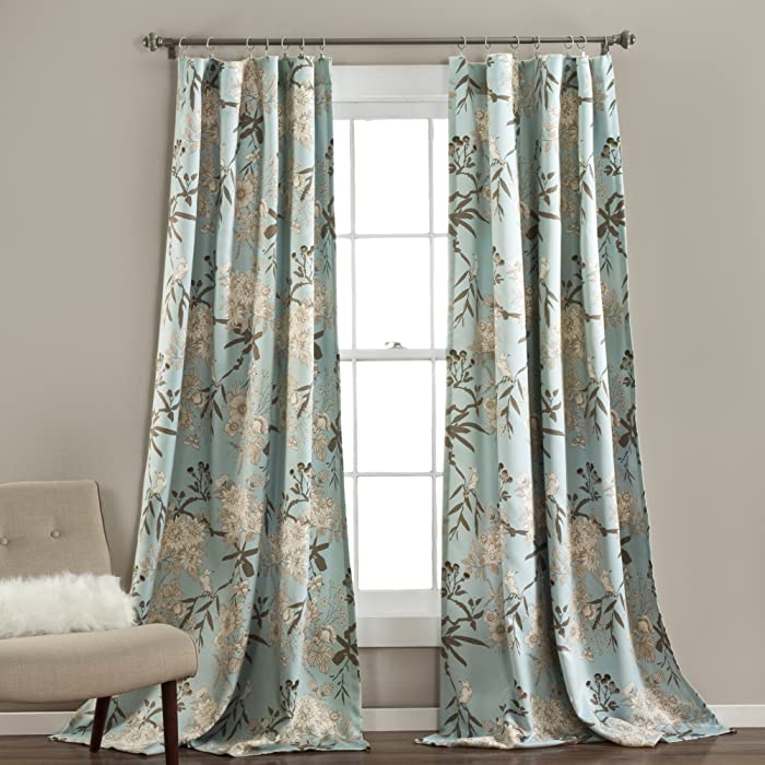 Lush Decor, Blue Botanical Garden Curtains Floral Bird Print Room Darkening Window Panel Set for Living, Dining, Bedroom (Pair), 95" x 52", 95 in x 52