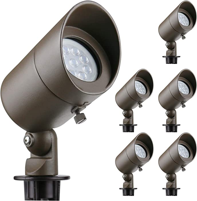 Lumina 4W LED Landscape Lights Cast-Aluminum Waterproof Outdoor Low Voltage Spotlights for Walls Trees Flags Light with Warm White 4W MR16 LED Bulb and ABS Ground Stake Bronze SFL0101-BZLED6 (6PK)