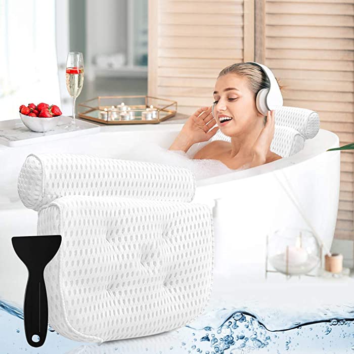 Bath Pillow Bathtub Pillow - Bath Pillows for Tub with Neck, Head, Shoulder and Back Support - 4D Air Mesh Spa Pillow for Bath - Extra Thick, Soft and Quick Dry