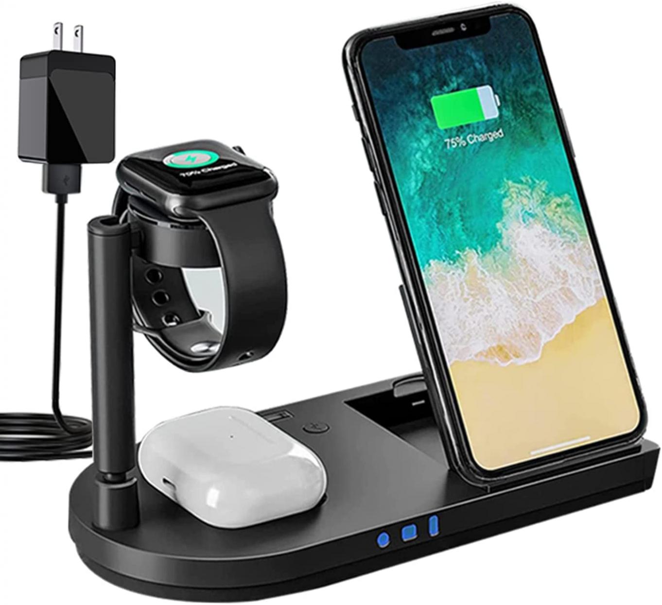 Portable 4 in 1 Wireless Charging Station ,Qi Wireless Fast Charger Stand with Bedside Lamp Compatible for iPhone13/12/11/Samsung Series, AirPods Pro 3/2, Apple iWatch 7/SE/6/5/4/3/2