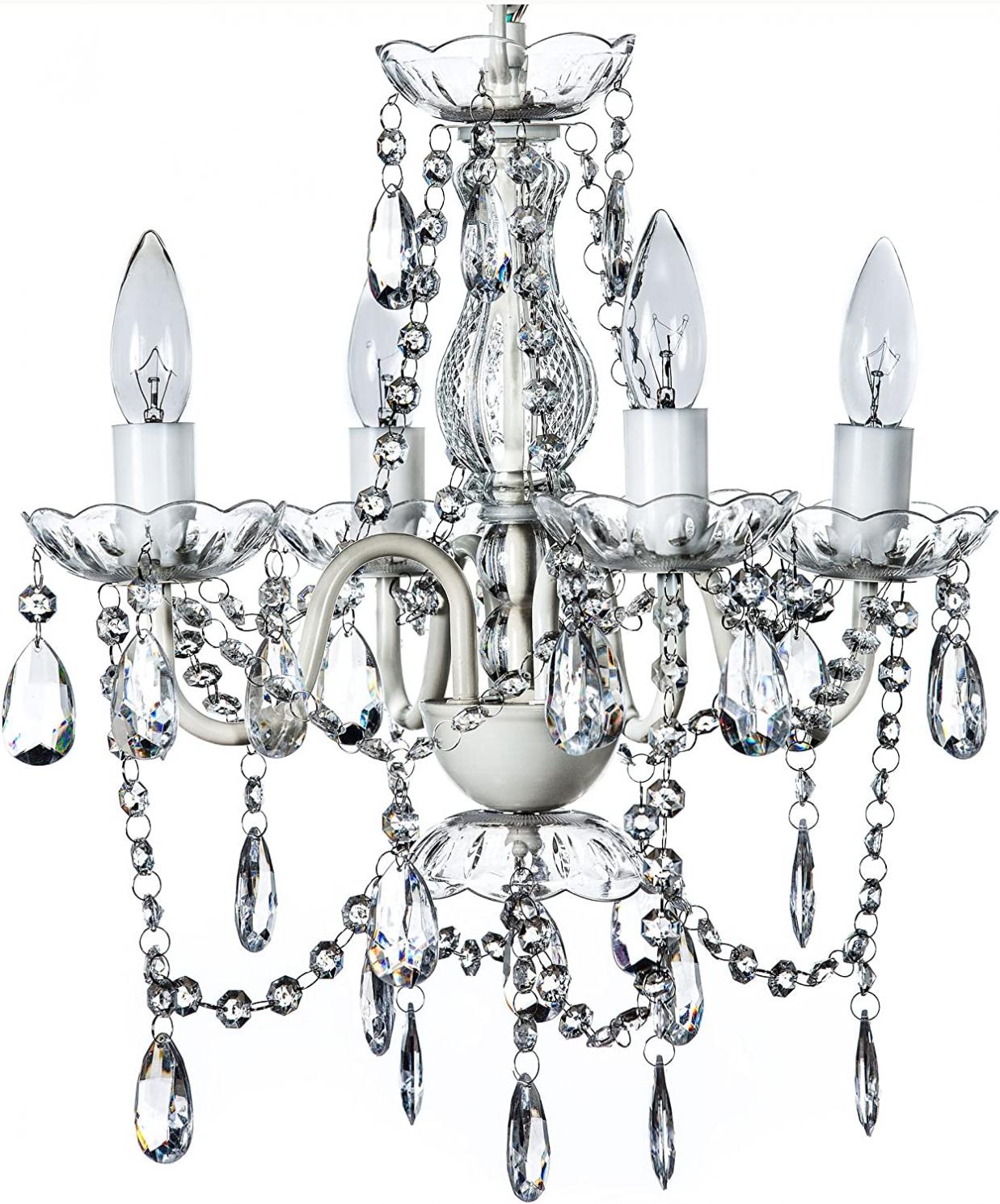 The Original Gypsy Color 4 Light Crystal White Hardwire Flush Mount Chandelier H17.5”xW15”, White Metal Frame with Clear Glass Stem and Clear Acrylic Crystals & Beads That Sparkle Just Like Glass