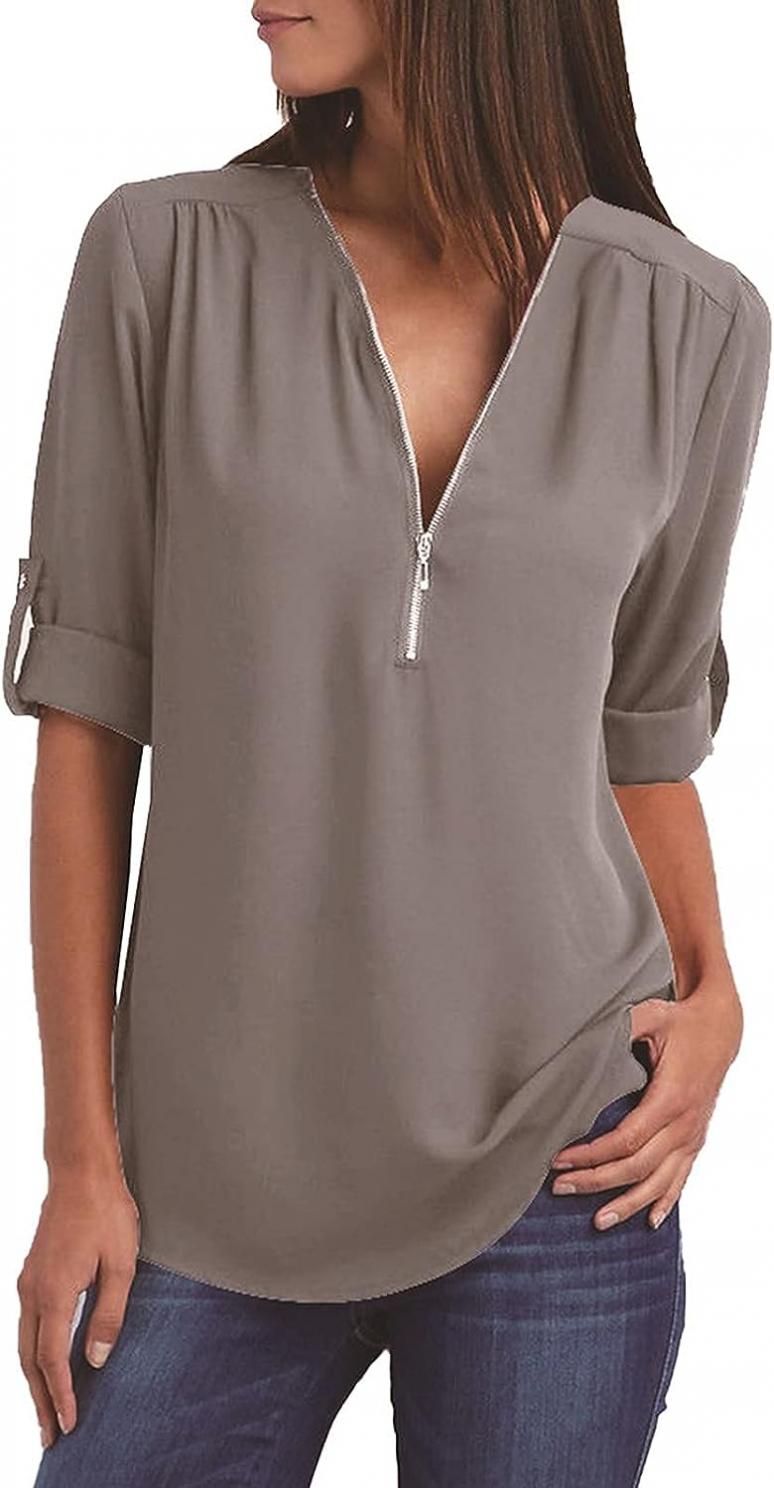 SMIDOW Summer Business Casual Tops for Women Half Sleeve Zipper v Neck Tunic Shirts Solid Work Office t-Shirt Blouse