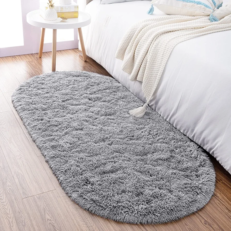 Noahas Ultra Soft Fluffy Bedroom Rugs,Shaggy Grey Area Rugs for Bedroom,Oval Throw Rugs, Kids Room Small Carpet,Living Room Runner Rug Non Slip Modern Home Decor 2.6' X 5.3'