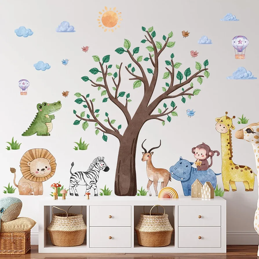 Safari Jungle Animals Wall Decals Tree Wall Stickers Lion Giraffe Hippo Monkey Crocodile Deer Zebra Bird Hot Air Balloon Wall Decor for Boys Bedroom Baby Nursery Kids Bedroom Living Room