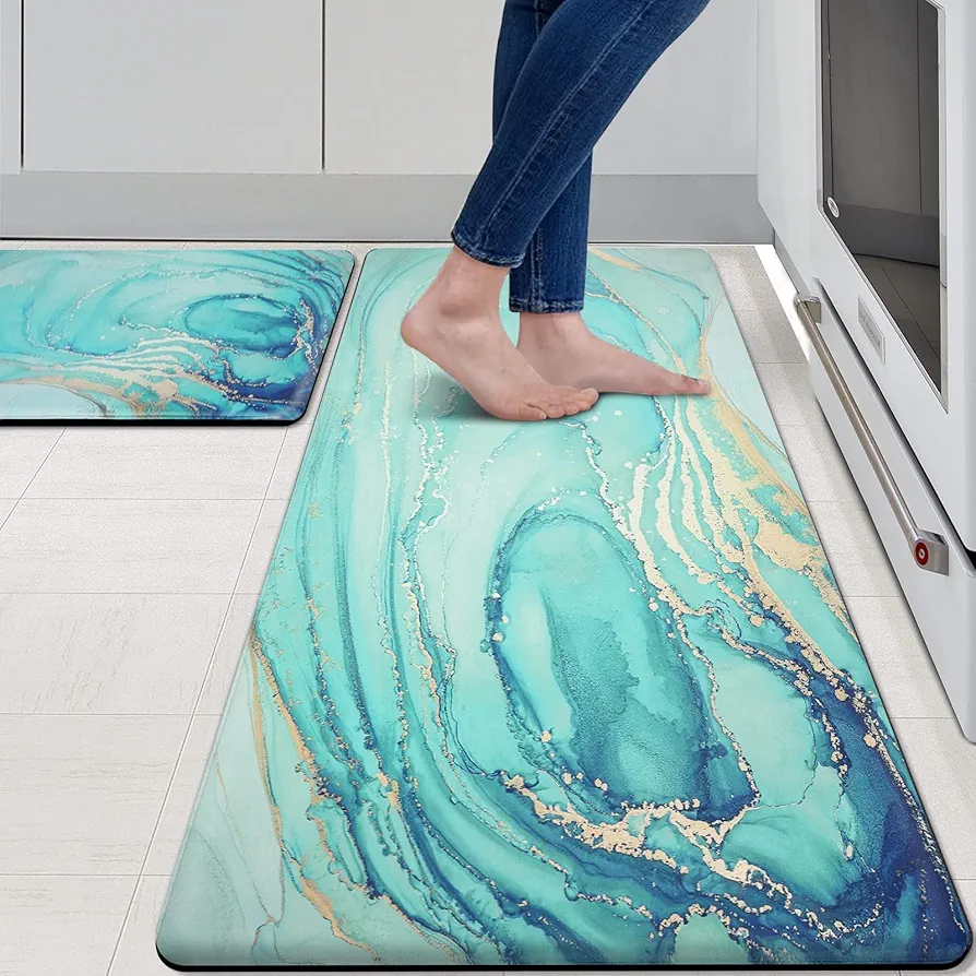 MAYHMYO Kitchen Rugs and Mats Set of 2 Teal Marble Gold Anti Fatigue Mat PVC Non Slip Turquoise Foam Cushioned Kitchen Mats for Floor Dining Room Home Office Sink Laundry…