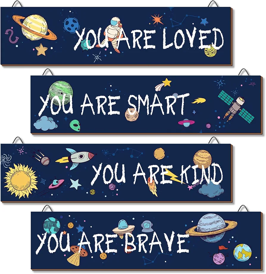 4 Pieces Boys Room Décor, Kids Outer Space Room Wall Décor, Children Bedroom Wall Décor, Space Themed Bedroom Décor, 11.8 * 3 inches