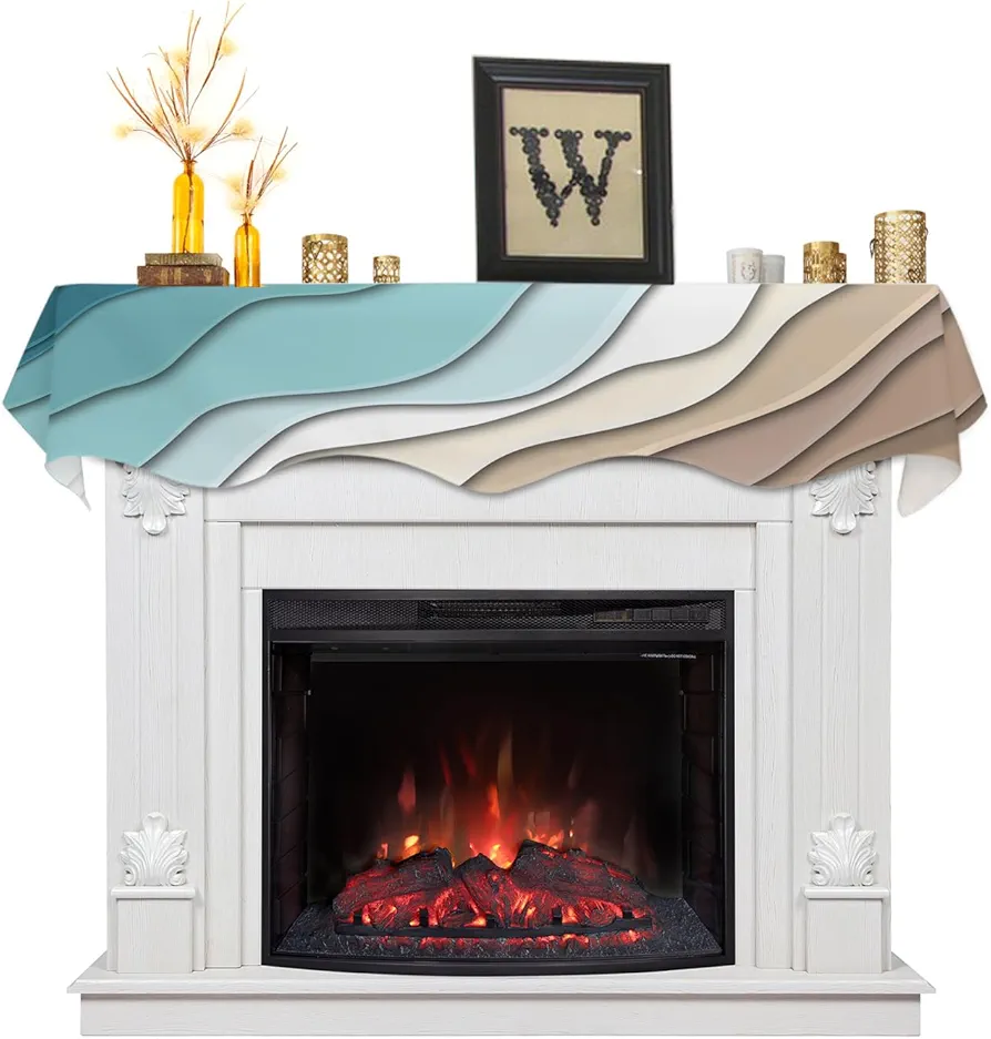 Teal Blue Mantle Scarf for Fireplace, Aesthetic Ombre Turquoise Brown Cream Fireplace Cover Decorations Indoor Abstract Beach Mantel Top Scarf Runner for Home Living Room Holiday Party, 17 x 70 Inch