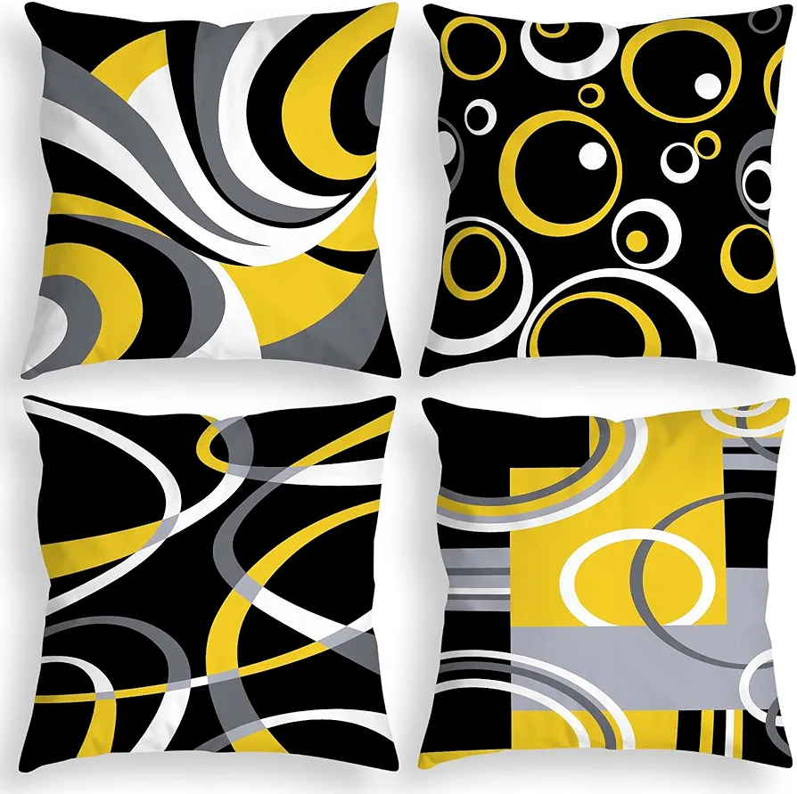 Yellow and Black Throw Pillow Covers 18x18 Inches Set of 4 Decor Decorative Throw Pillow Cover Abstract Modern Geometric Square Cushion Cases for Sofa Bed Couch