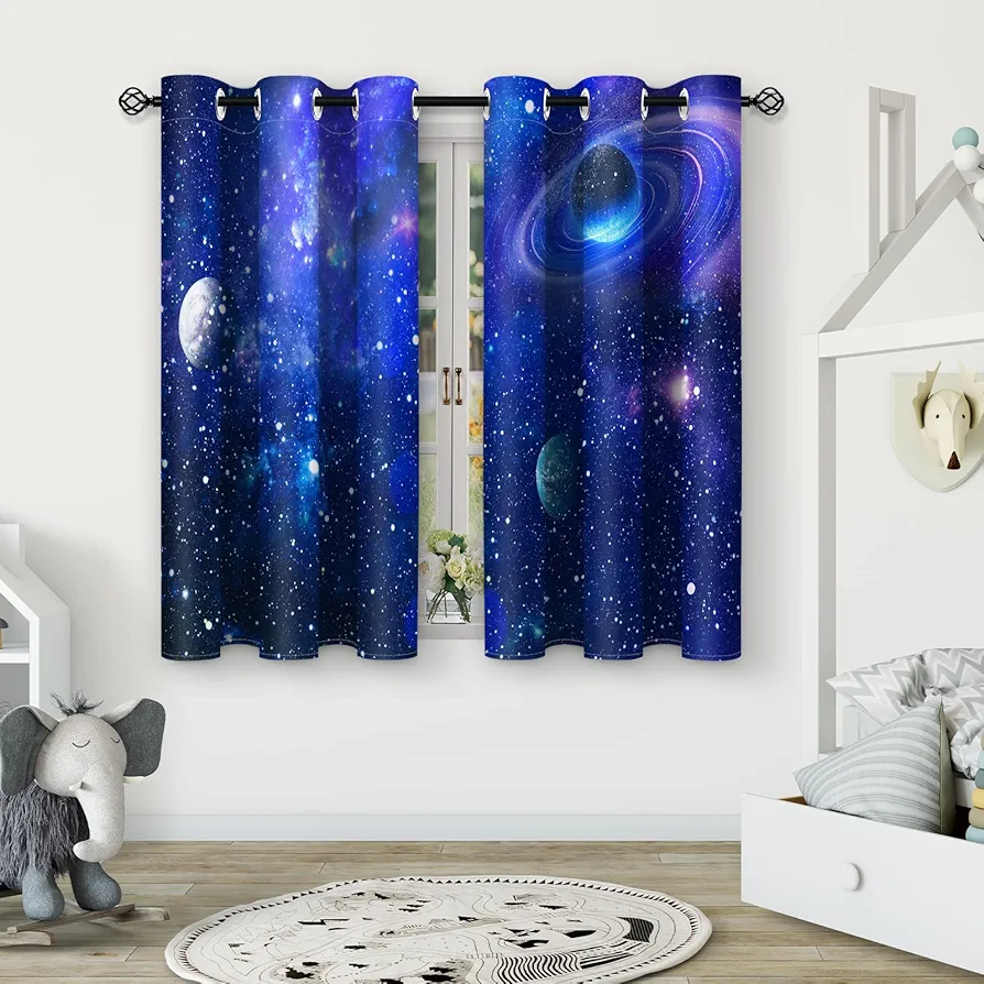 Aimego Galaxy Outer Space Stars Planet Blackout Curtains for Kids Girls Boys Teens Bedroom Living Room Decor, Moon Nebula Starry Universe Grommet Darkening Window Drapes 2 Panels Set, 42" x 63"