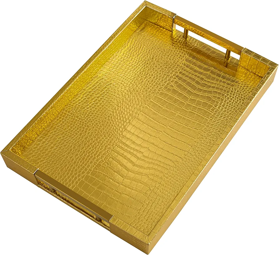 YAMILAN-Serving Tray with Gold Polished Metal Handles,Decorative Tray for Coffee Table,Ottoman Tray for Living Room,Modern Elegant Rectangle Leather Trays for All Occasions/Crocodile Grain/Golden