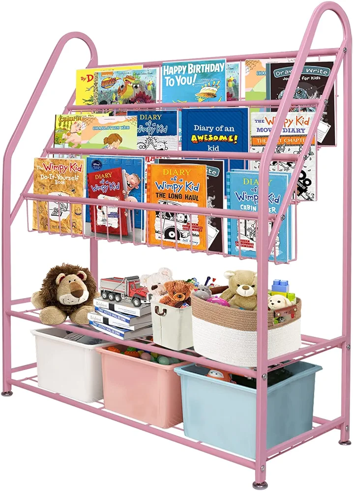 aboxoo Metal Kids Bookshelf Pink Bookcase Freestanding for Children Girls Room 32 inches Large Toddler Pink Stable Bookcase Bookstore Library Book Unit Storage