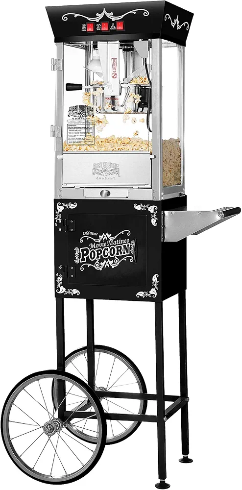 Matinee Popcorn Machine with Cart - 8oz Popper with Stainless-Steel Kettle, Warming Light, and Accessories by Great Northern Popcorn (Black)