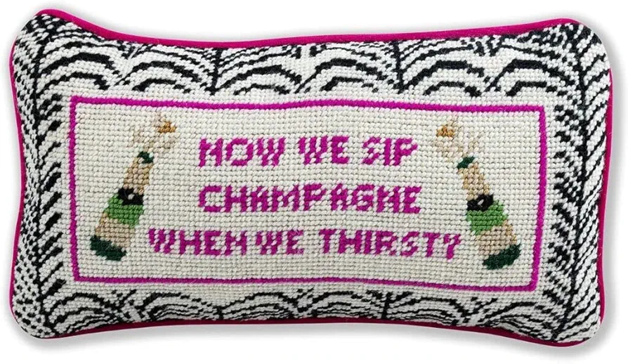 FURBISH Handmade Needlepoint Decorative Throw Pillow - We Sip Champagne - 8" x 14" - Small Embroidered Accent Pillow for Bed, Chair, Couch, Sofa - Aesthetic Room Decor