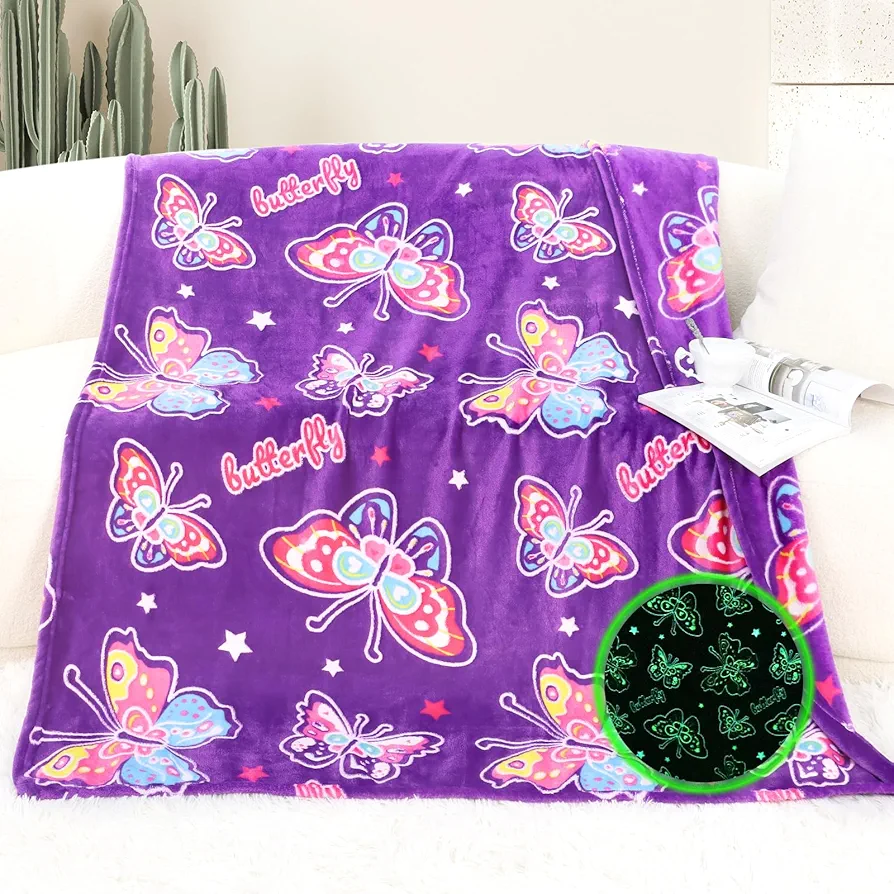 Butterfly Gifts for Girls Glow in The Dark Butterfly Blanket Soft Cozy Cute Luminous Blanket Room Decor Birthday Butterfly Toys for Girls Age 4-6