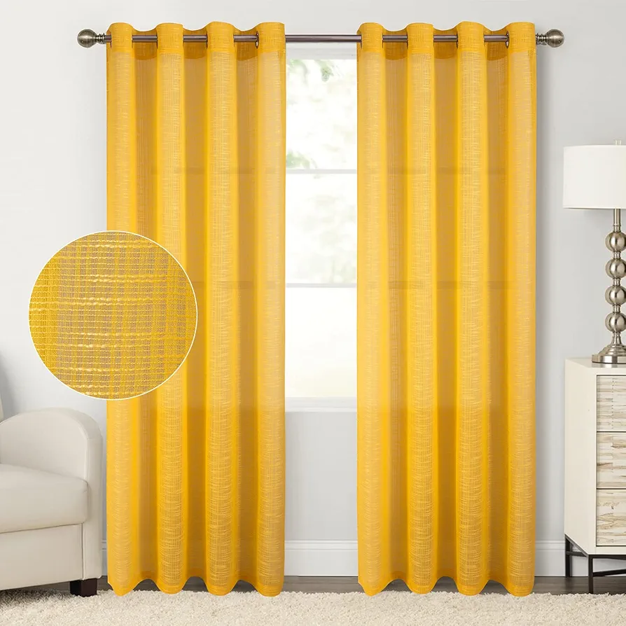 Tony's collection Yellow Sheer Curtains 84 Inches Long, Grommet Faux Linen Semi Transparent Voile Drape Window Sheer Curtains for Bedroom Boys(52x84 Inch, Yellow, 2 Panels)