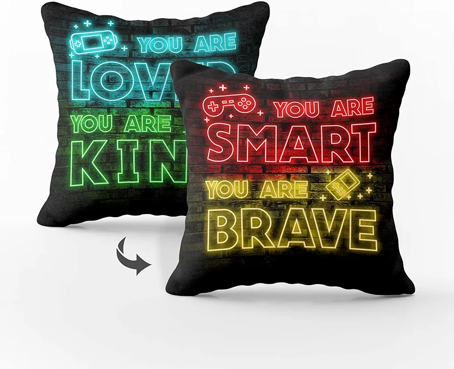 Inspirational Quote Gaming Pillows Covers, You are Smart You are Brave Reversible Pillow, Neon Glow Gamer Throw Pillow Case for Classroom Reading Corner Playroom Kids Room Decor -12