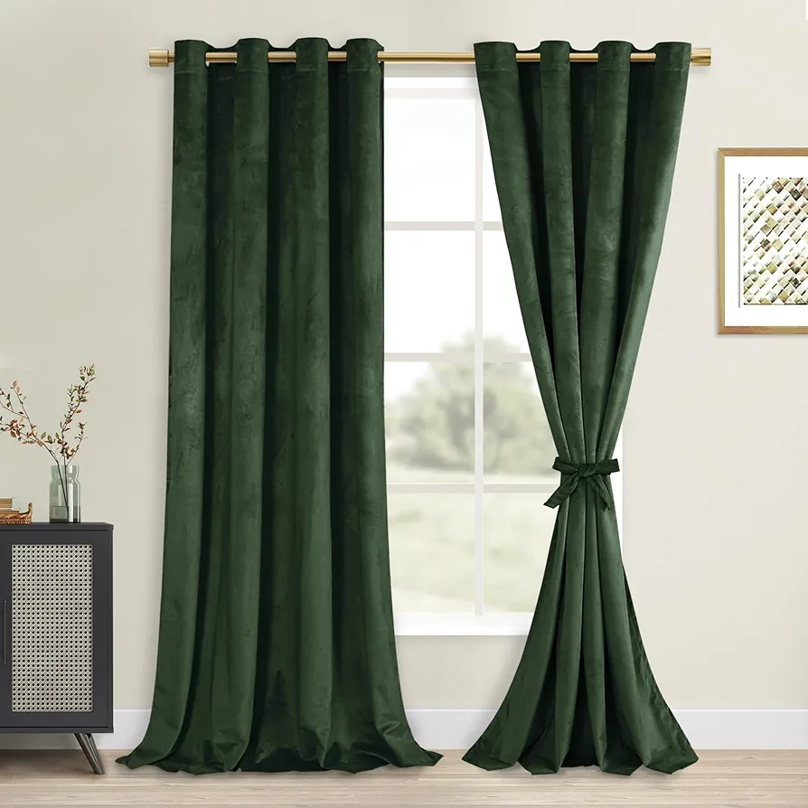 DWCN Olive Green Velvet Curtains 96 inches - Tieable Elegant Sunlight Blocking Curtains for Living Room Thermal Insulated Noise Reducing Window Shade Panels for Interior Space Decor, W52 x L96, 2 PCS