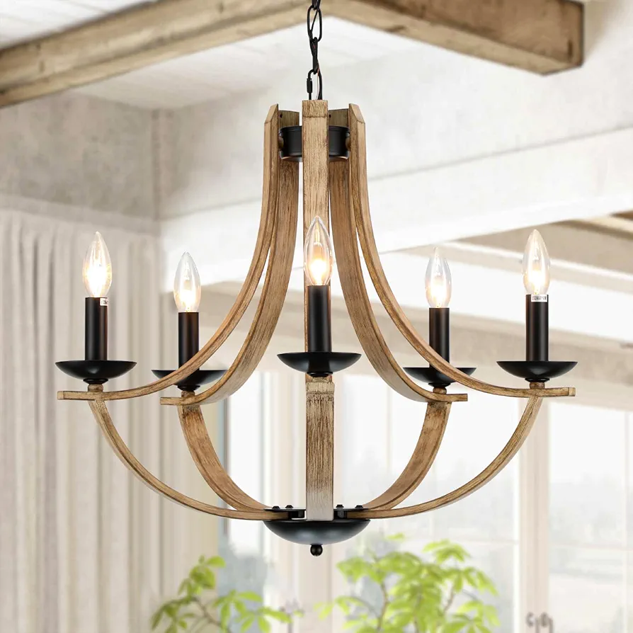 Farmhouse Chandeliers for Dining Room Light Fixture, 5-Light 24 inch Faux Wood Texture Hanging Lighting Fixtures, Rustic Candle Chandeliers for Living Room Kitchen Island Foyer Entryway