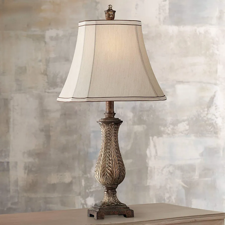 Regency Hill Traditional Style Table Lamp 25" High Old Oak Antique Brown Petite Vase Beige Fabric Rectangular Shade Decor for Living Room Bedroom House Bedside Nightstand Home Office Family