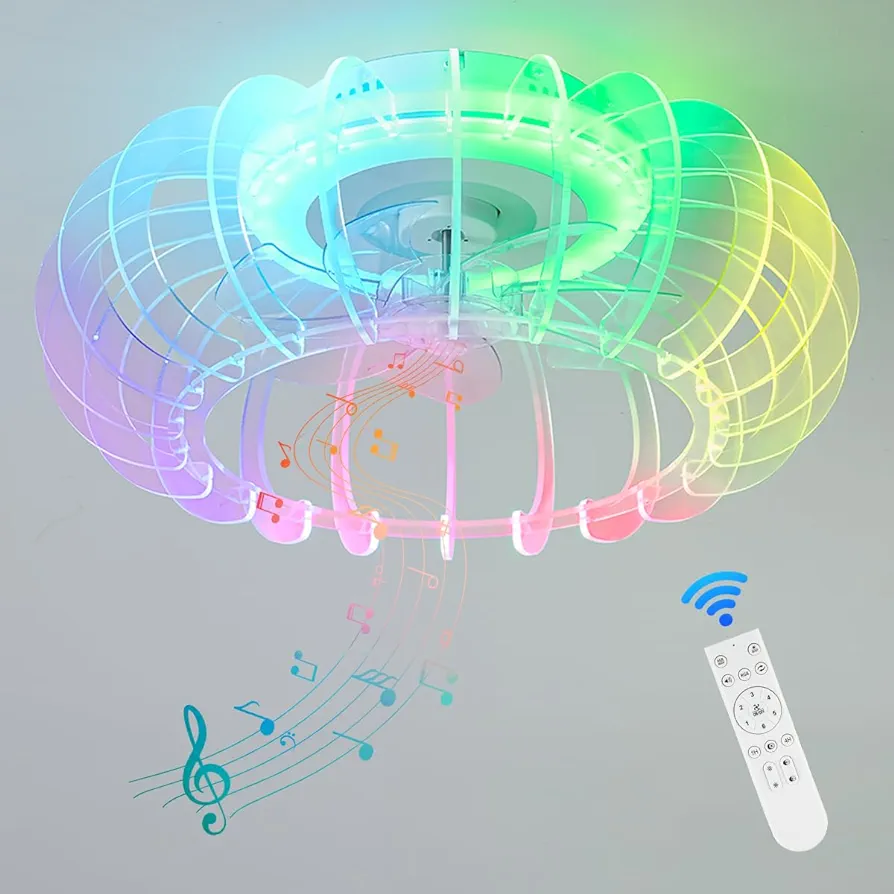 RGB Bladeless Ceiling Fan with Light and Remote LED Smart Low Profile Ceiling Fans Bluetooth Enclosed 6 Speed Color Changing Fans with Speaker for Bedroom Living Room Kids Room 21"