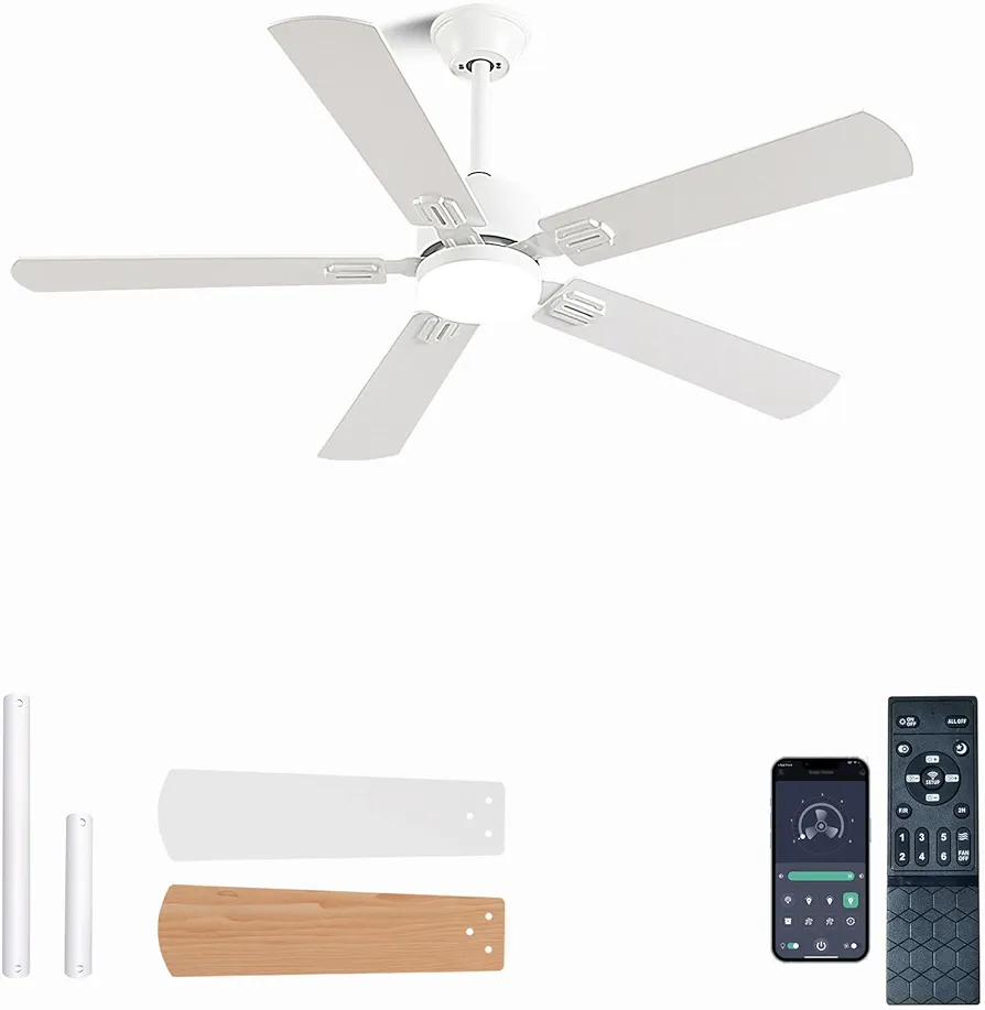 52 inch Modern White Ceiling Fans with Lights APP/Remote Control, Low Profile Reversible 6 Speeds Ceiling Fan Light for Indoor/Outdoor Patio Bedroom Living Room