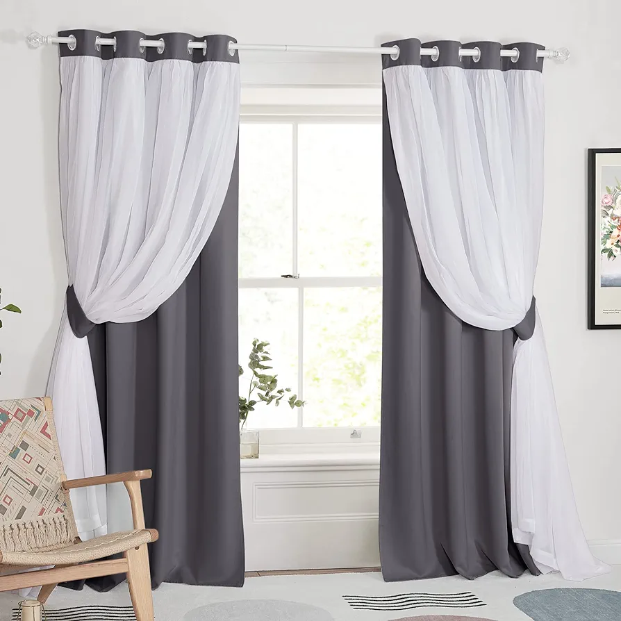 PONY DANCE Double Layer Curtains - 84 inches Long for Living Room Blackout Curtains & Drapes with White Crushed Voile for Bedoom, 52 by 84 inches, Grey, 2 PCs